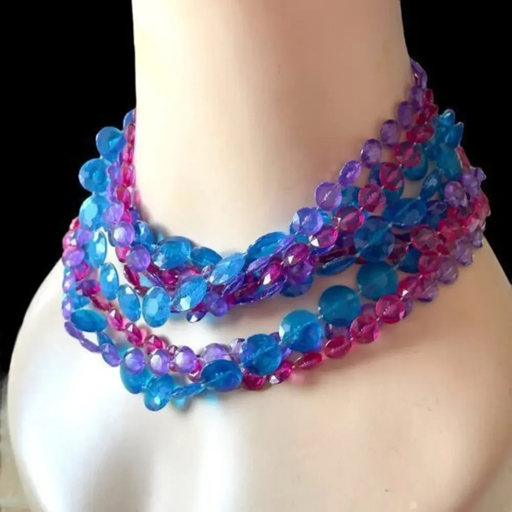 50” Unicorn Lucite Disc Bead Multi Strand Necklace Pink Blue Purple Vintage